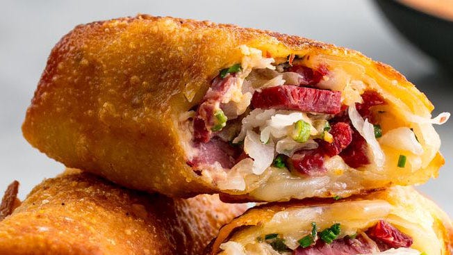 Video player poster image preview for People Are Freaking Over Reuben Egg Rolls