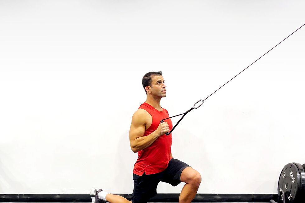 cable machine workout, reverse lunge to lat pulldown