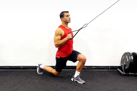 cable machine workout, reverse lunge to lat pulldown