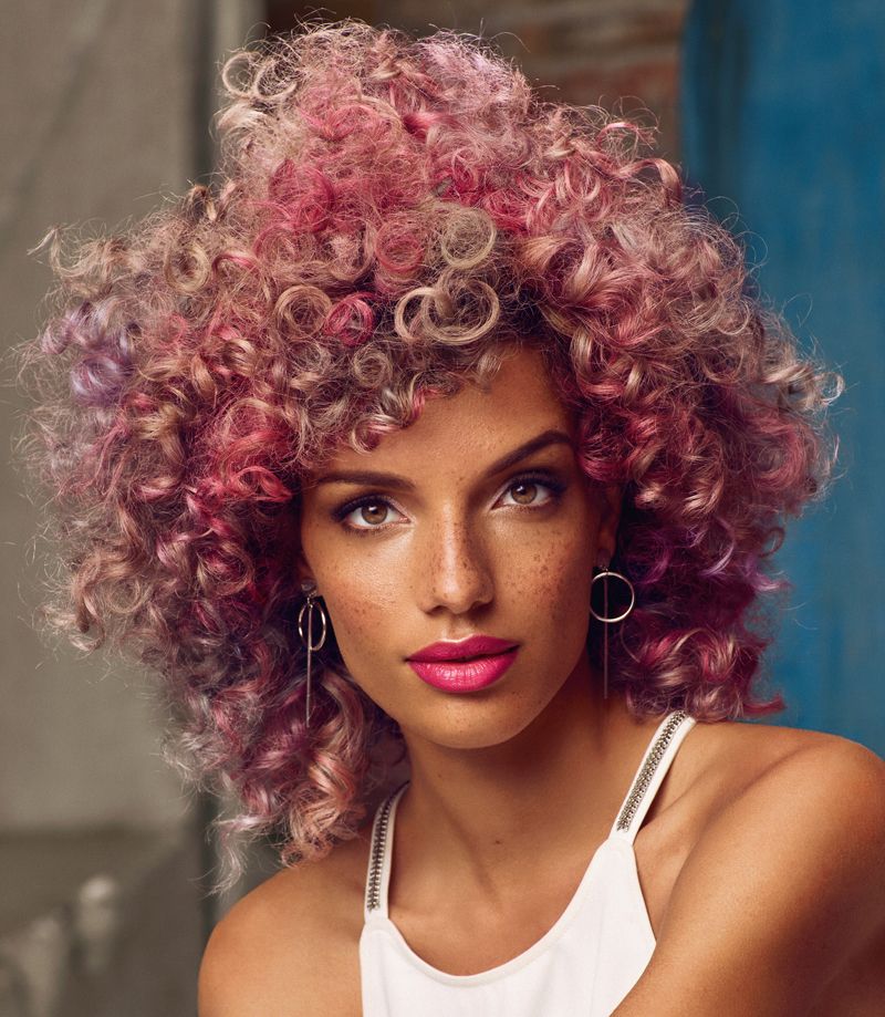 Hair, Hairstyle, Face, Afro, Hair coloring, Beauty, Chin, Pink, Wig, Jheri curl, 