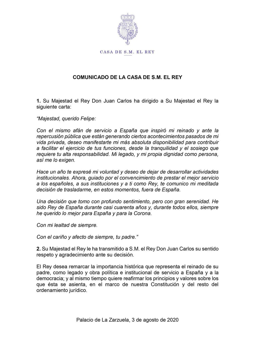 comunicado de casa real anunciando la decisión del rey emérito de abandonar españa