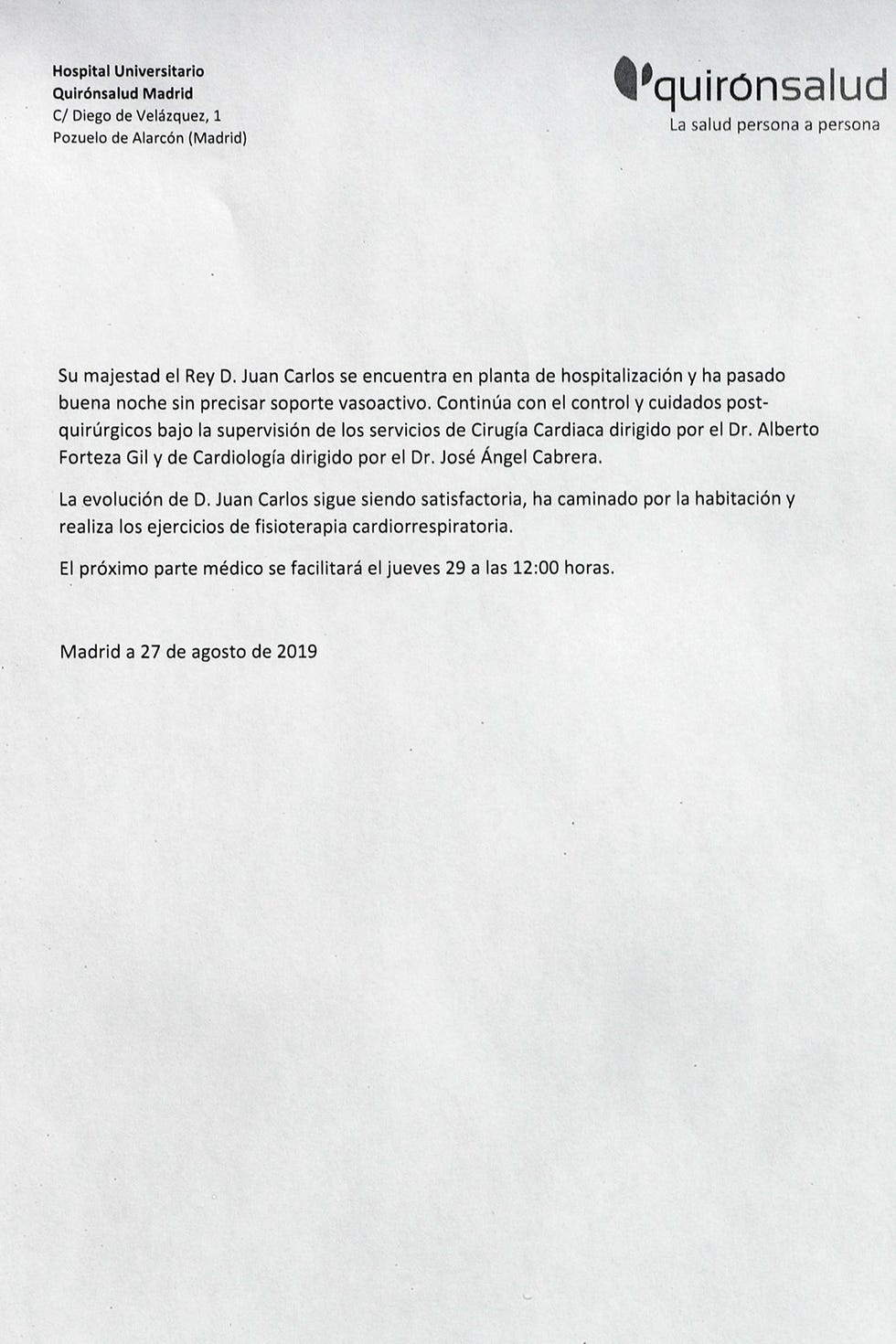 Rey Juan Carlos parte médico 27 de agosto paso a plana