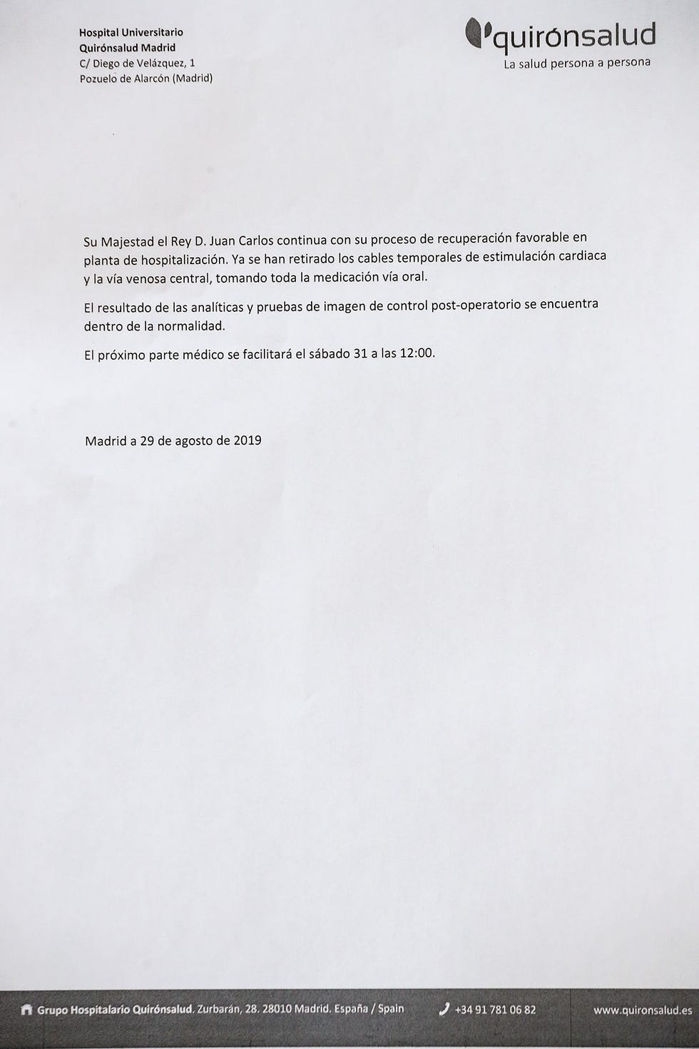 Rey Juan Carlos parte médico 29 de agosto