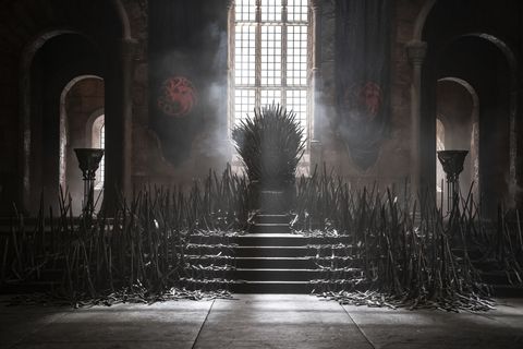 the iron throne surrounded by the swords of fallen enemies with dragon banners behind