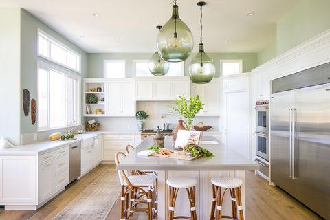 White, Room, Furniture, Interior design, Countertop, Kitchen, Property, Ceiling, Dining room, Green, 