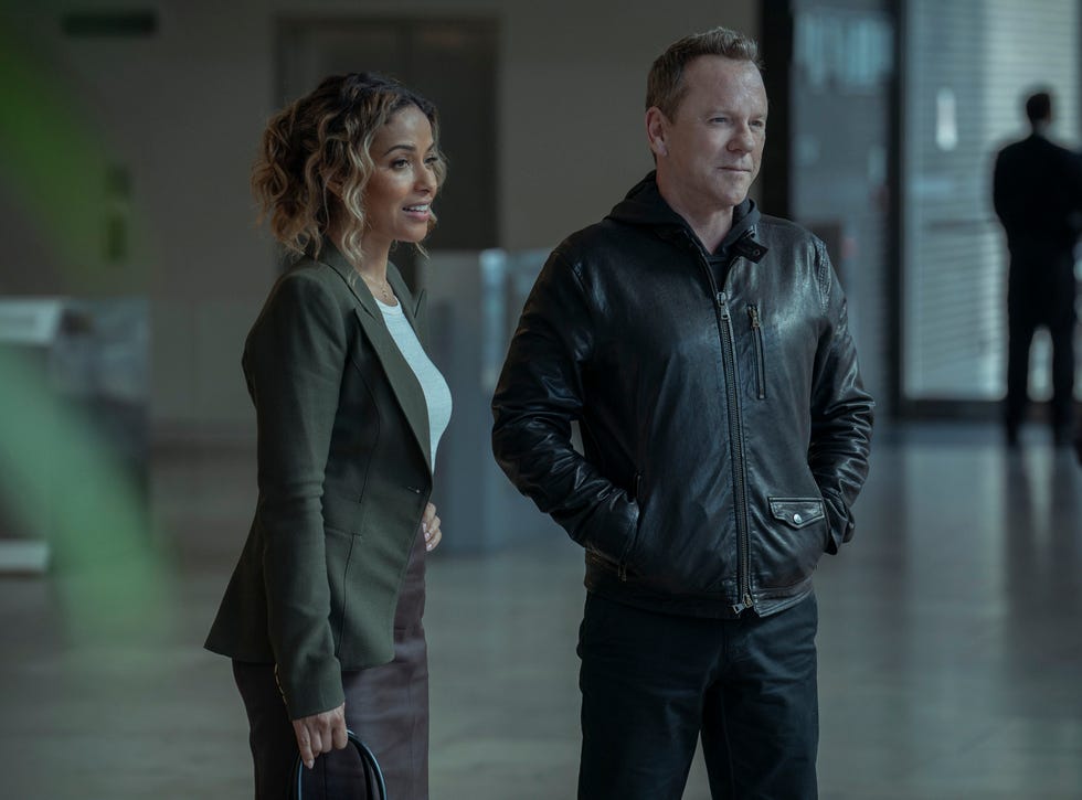 kiefer sutherland as john weir and meta golding as hailey winton the paramount+ series rabbit hole. photo cr: marni grossman/paramount+ © 2022 viacom international inc. all rights reserved.