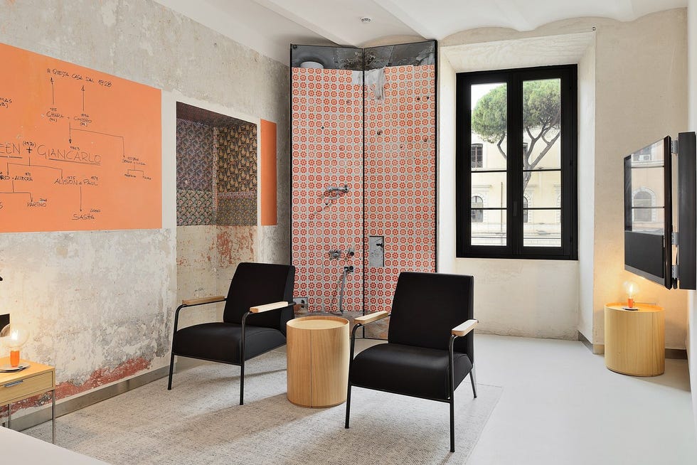 modern seating area with unique decor elements and large windows