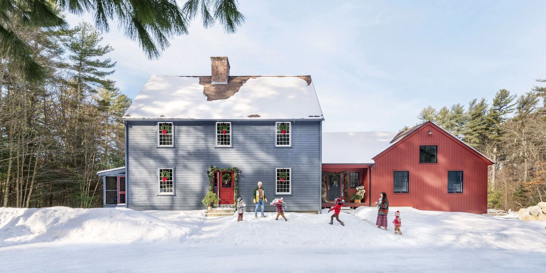 jennifer and nicholas barone and kids outside pascoag, rhode island, saltbox house in the snow, christmas farmhouse