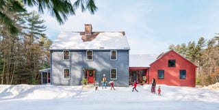 Rhode Island Saltbox Home Exterior in the Snow jennifer and nicholas barone’s pascoag, rhode island home, saltbox house in the snow, christmas farmhouse