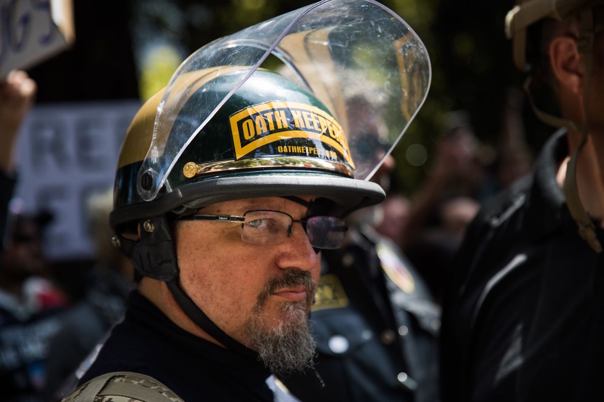 berkeley, usa   april 27, 2017 an oath keeper, brought on to provide security, stands guard during a pro donald trump rally at martin luther king jr civic center park in berkeley, california on april 27, 2017 the rally was held in protest of the cancellation of a planned talk by ann coulter on the campus of the university of california berkeley, amid security concerns photo by philip pachecoanadolu agencygetty images