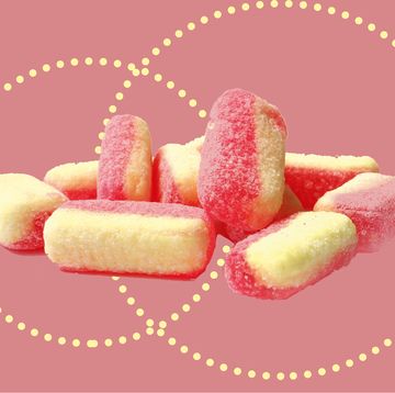 pink and yellow, sugar coated, old fashioned rhubarb and custard sweets