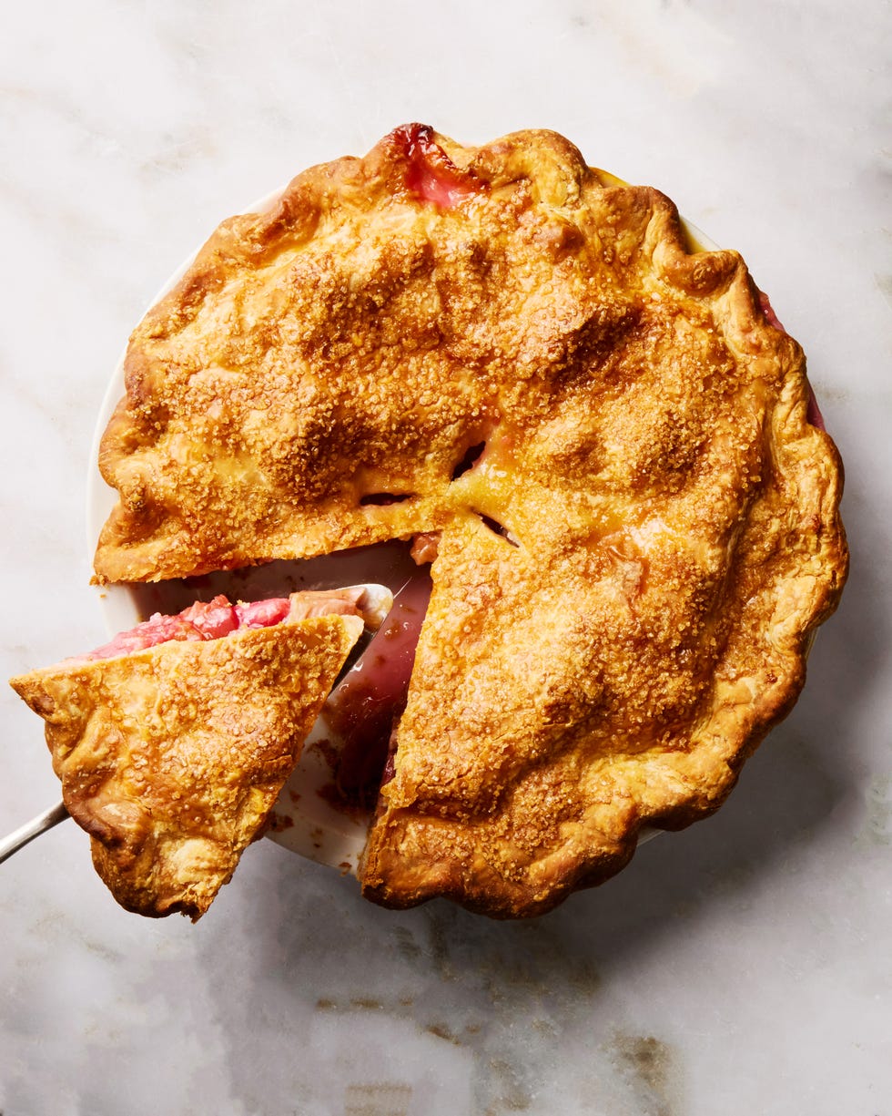 pie filled with pink rhubarb