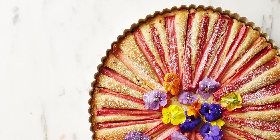 rhubarb tart topped with pansies