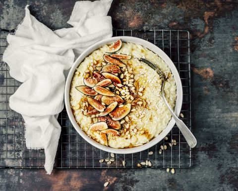 rice pudding with pine nuts, fresh figs and maple syrup