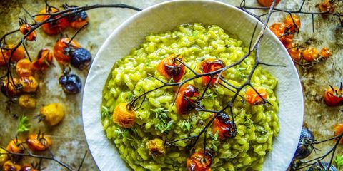 spinach basil pesto risotto with cherry tomatoes