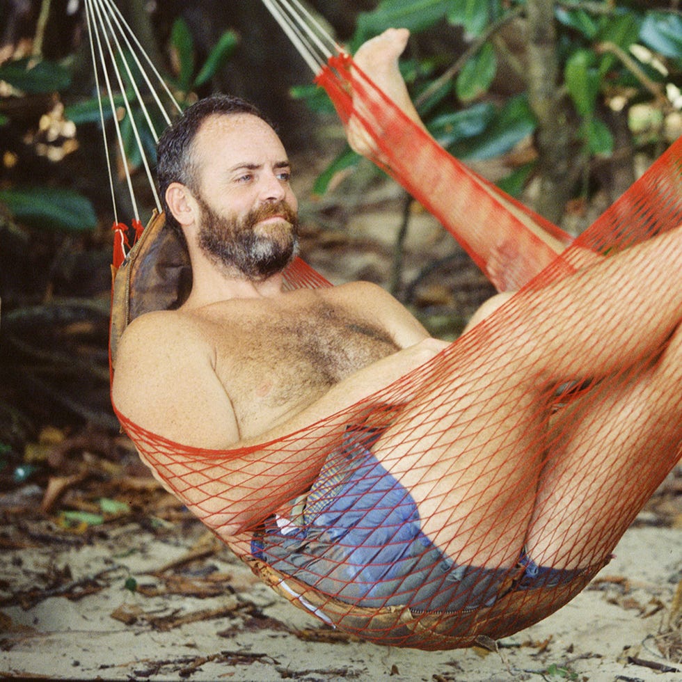 Facial hair, Hammock, Beard, Chest, Photography, Plant, Flesh, Trunk, Art, 