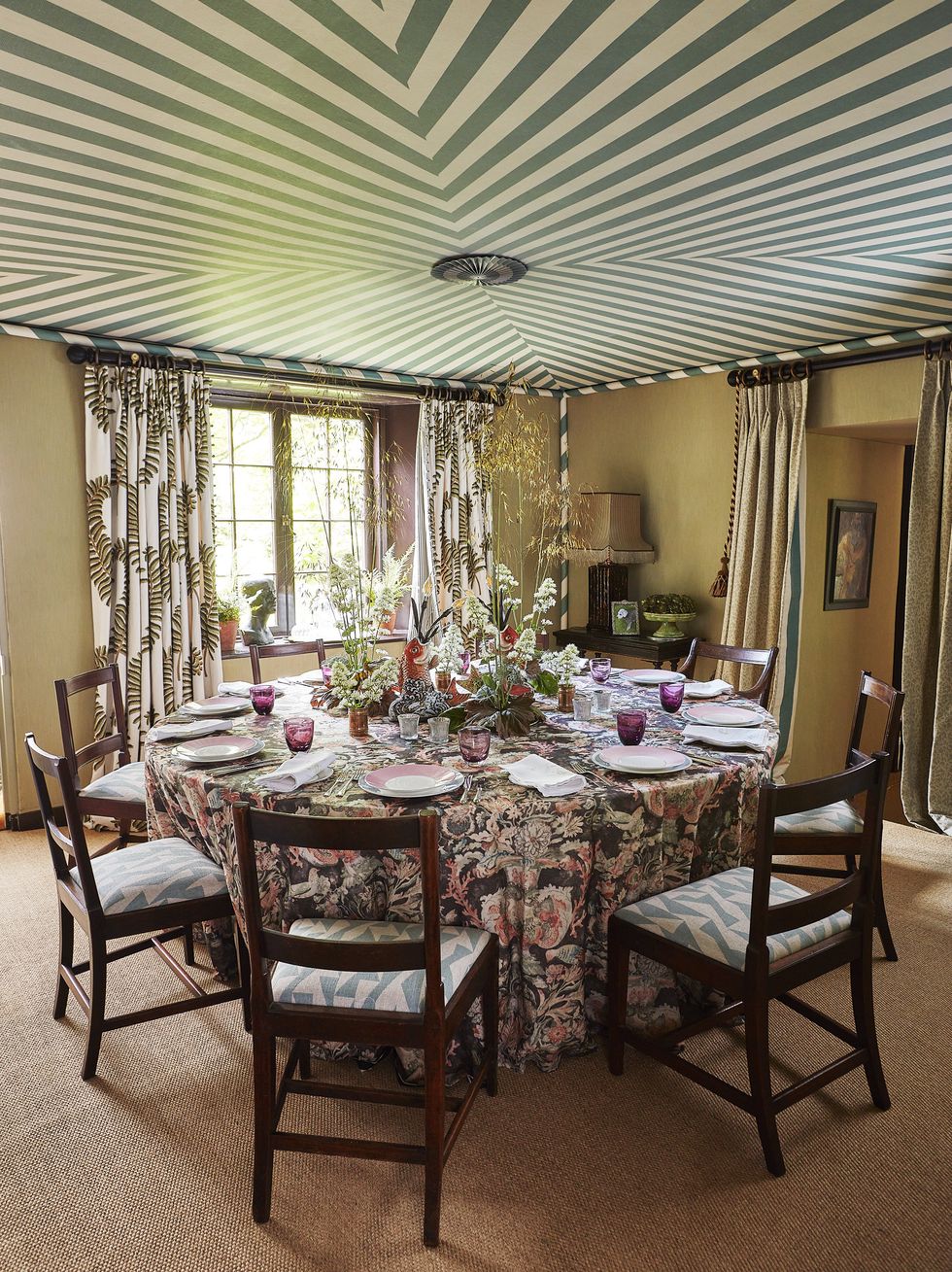 the illusion of a tented ceiling in a dining room with a custom trompe l’oeil treatment complete with candy striped trim and corner poles
