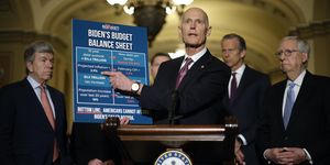 washington, dc   march 29 sen rick scott r fl c uses a visual aid during a news conference with sen roy blunt r mo l, sen john thune r sd and senate minority leader mitch mcconnell r ky following the weekly senate republican policy luncheon at the us capitol on march 29, 2022 in washington, dc the gop senators were critical of the federal budget put forward by president joe biden photo by chip somodevillagetty images