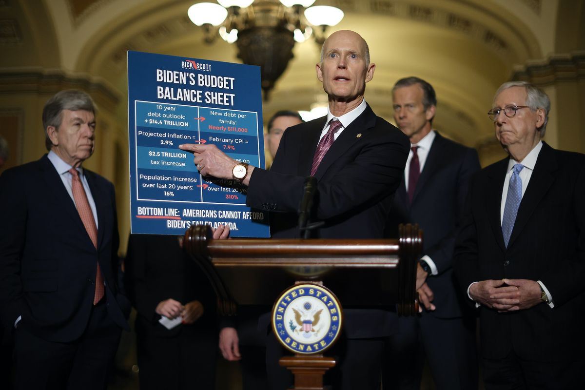 washington, dc   march 29 sen rick scott r fl c uses a visual aid during a news conference with sen roy blunt r mo l, sen john thune r sd and senate minority leader mitch mcconnell r ky following the weekly senate republican policy luncheon at the us capitol on march 29, 2022 in washington, dc the gop senators were critical of the federal budget put forward by president joe biden photo by chip somodevillagetty images