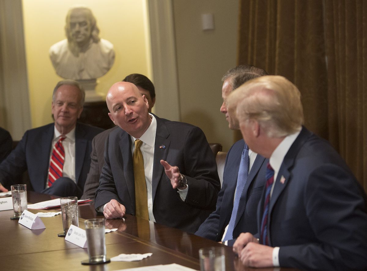 12 april 2018  washington dc  nebraska governor pete ricketts speaks during a meeting on trade with governors and members of congress at the white house photo credit chris kleponissipa usa