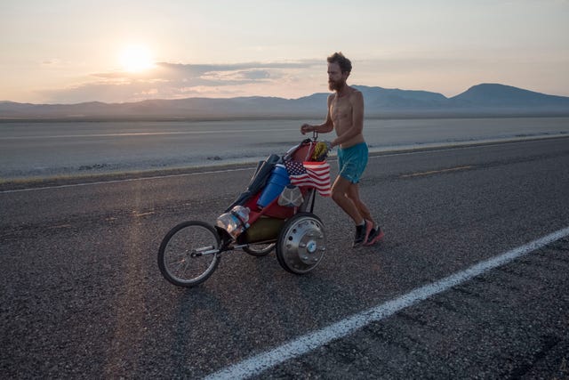 A scene of Rickey Gates’s run across the country with the stroller he needed to get through stretches of desert in the west.