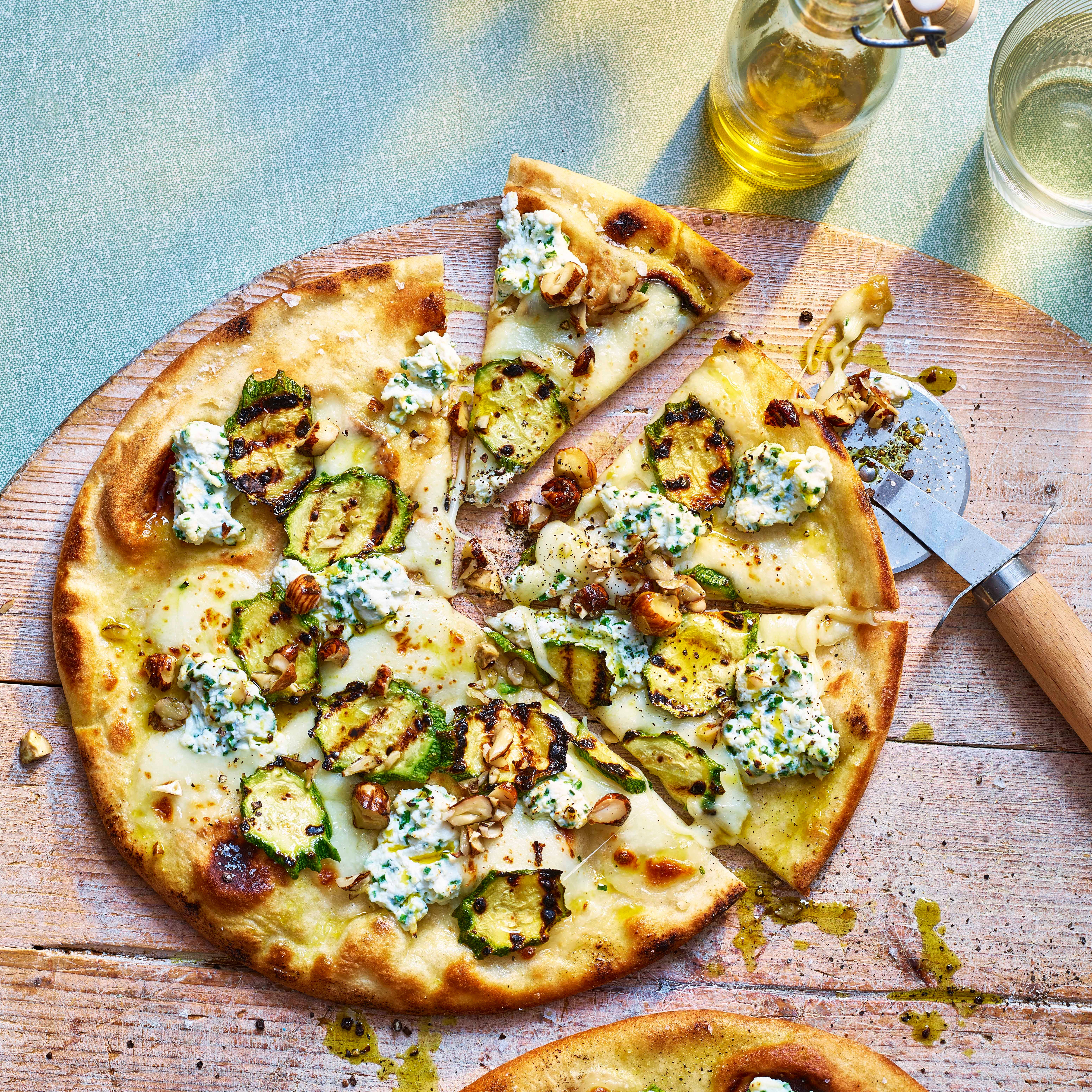 whipped ricotta and truffled courgette pizza
