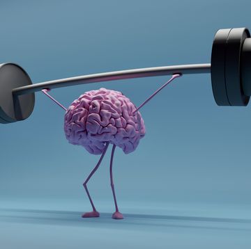 digitally generated image of a brain lifting weights on a blue background