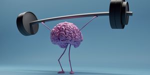 digitally generated image of a brain lifting weights on a blue background