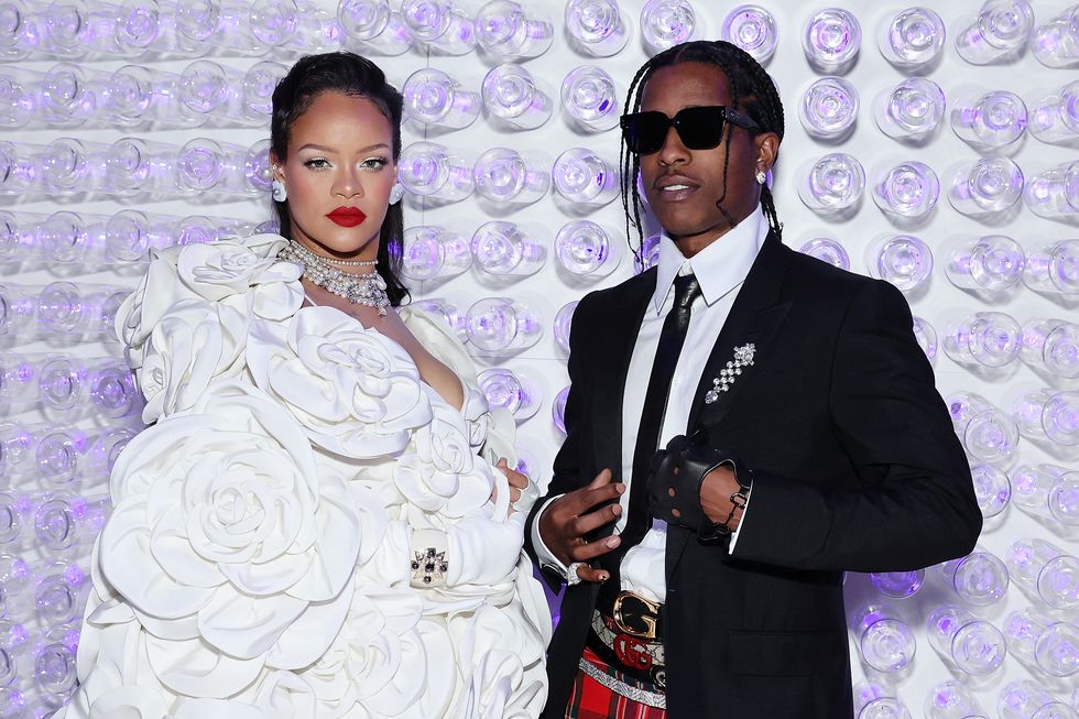 rihanna and a$ap rocky pose at met gala