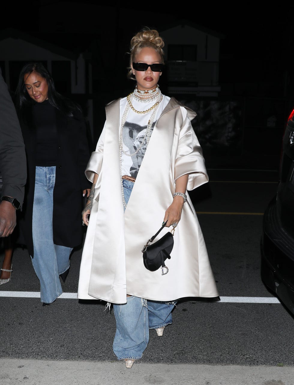 Rihanna Elevates Her T-Shirt and Jeans With Layers of Pearl Necklaces