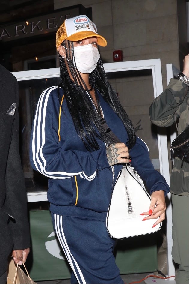 Rihanna Wears Navy Adidas Track Suit, Prada Bag, and High Heels in Los  Angeles