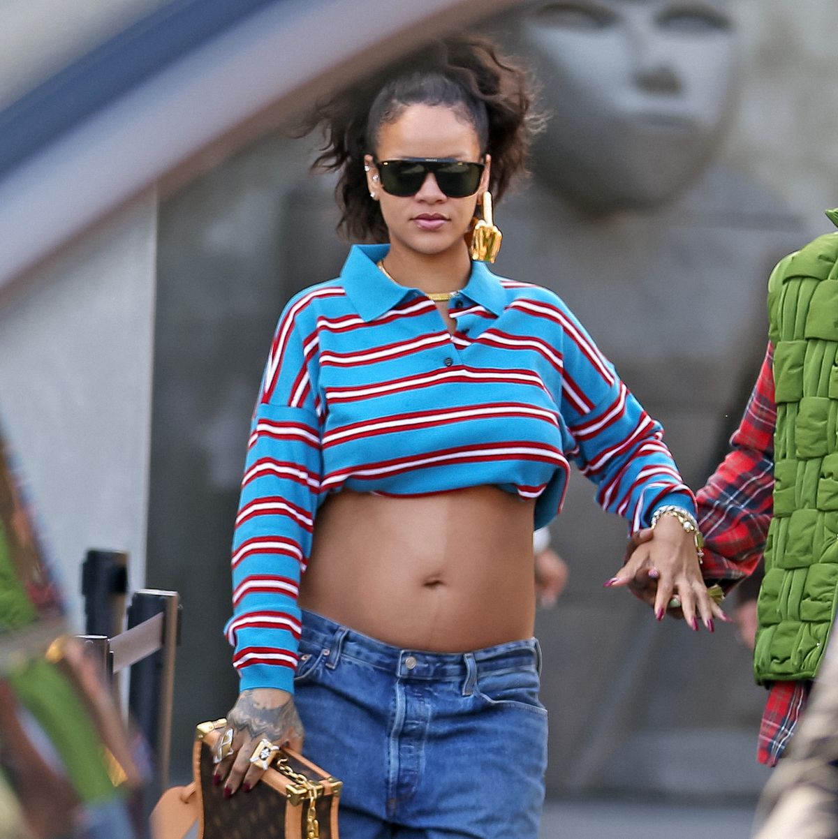 Shows Off Baby in Crop Top and Low-Rise on Day Date