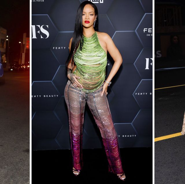 split image of rihanna in different outfits, from left to right, rihanna in a sheer blue top wearing a blue parka and gray jeans, rihanna in a fringe green and purple catsuit, and rihanna in a crop top and a patchwork fur coat and jeans
