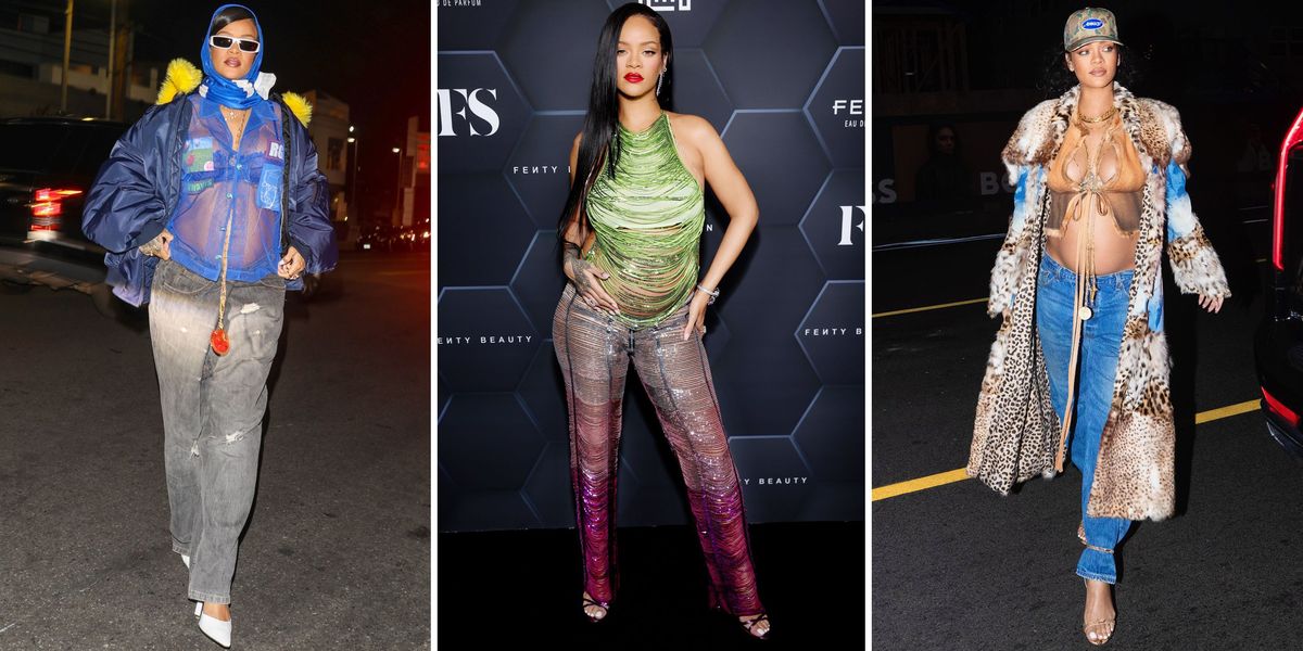 split image of rihanna in different outfits, from left to right, rihanna in a sheer blue top wearing a blue parka and gray jeans, rihanna in a fringe green and purple catsuit, and rihanna in a crop top and a patchwork fur coat and jeans
