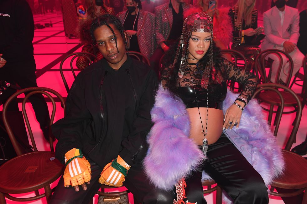 milan, italy   february 25 asap rocky and rihanna are seen at the gucci show during milan fashion week fallwinter 202223 on february 25, 2022 in milan, italy photo by jacopo m raulegetty images for gucci
