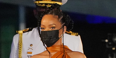 Rihanna Gets Honored in Barbados in Burnt Orange Outfit & Manolos