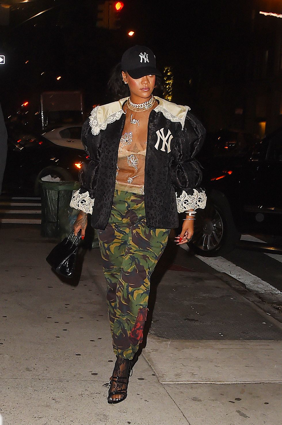 Rihanna's camo cardigan outfit
