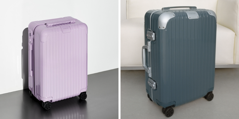 a couple of suitcases sit on a stand