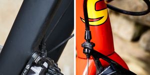 a comparison of a disc brake and rim brake caliper on a road bike