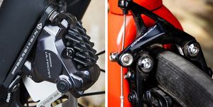 a comparison of a disc brake and rim brake caliper on a road bike