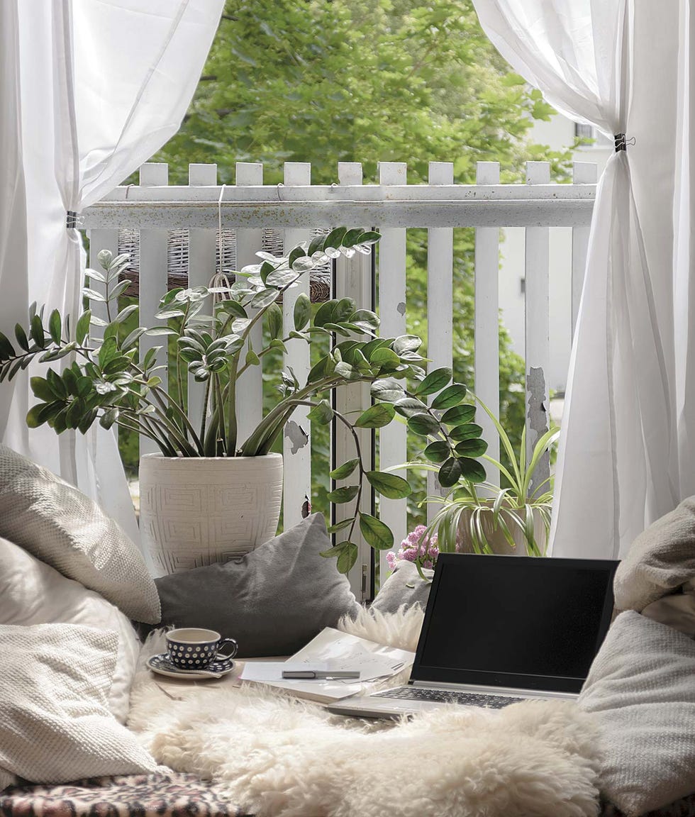 Rincón relax con plantas y ordenador