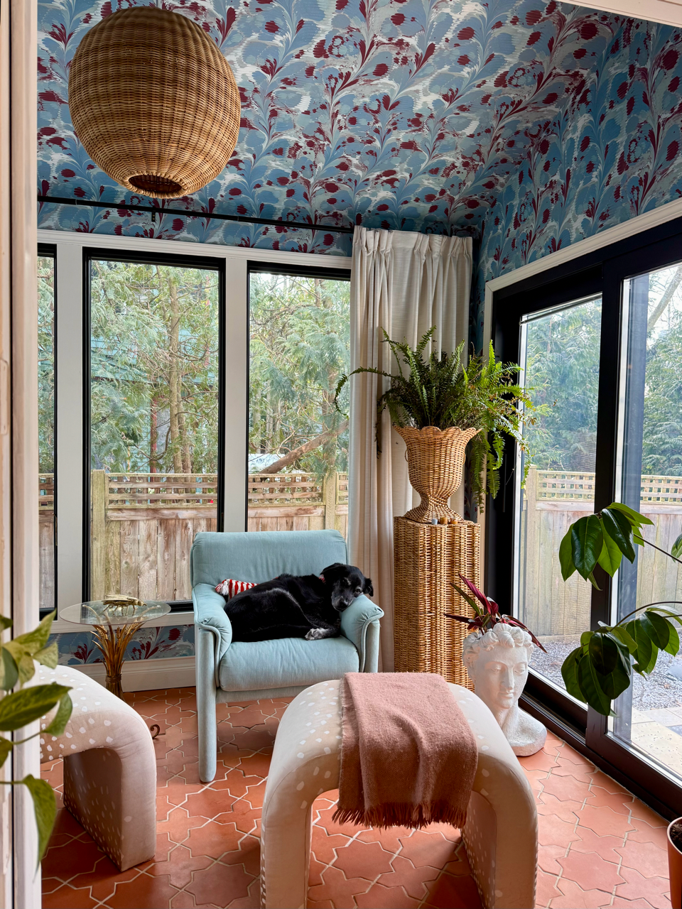 cozy indoor living space with a chair and dog showcasing natural elements