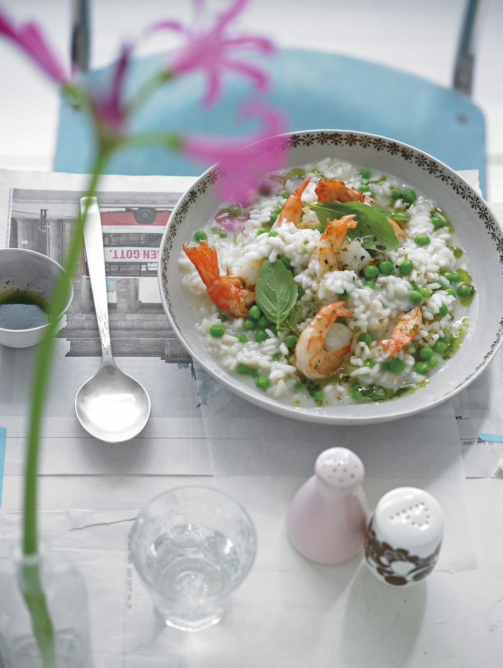 risotto de guisantes y gambas