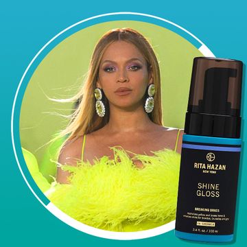 beyonce at the oscars with blonde hair and bottle of rita hazan shine gloss hair treatment