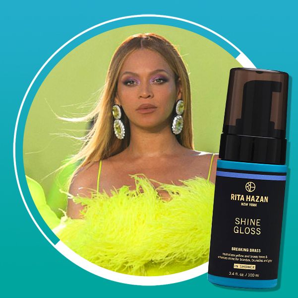 beyonce at the oscars with blonde hair and bottle of rita hazan shine gloss hair treatment