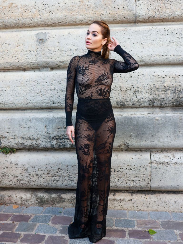 Rita Ora Wears Romantic Sheer Lace Dress in Paris