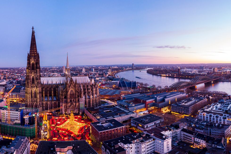 cologne germany christmas market, aerial drone view over cologne rhine river germany europe