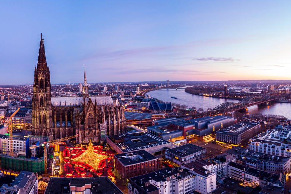 Best river cruises cologne germany christmas market, aerial drone view over cologne rhine river germany europe