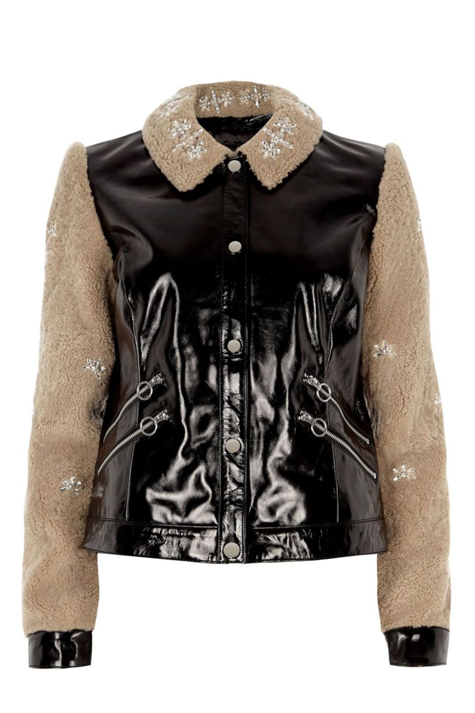 Clothing, Jacket, Outerwear, Leather, Sleeve, Leather jacket, Beige, Top, Fur, Textile, 