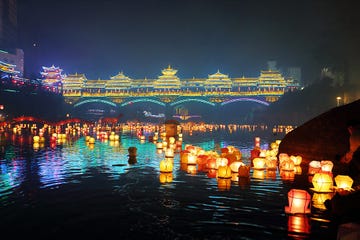 river lanterns lit to celebrate the ghost festival in guilin